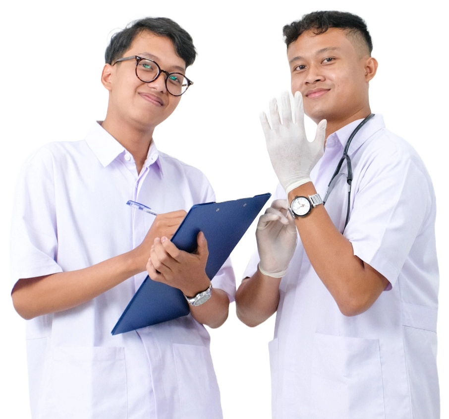 Dua mahasiswi STIKES Pasar Rebo mengenakan jas almamater biru, membawa buku keperawatan dan laptop untuk mendukung pembelajaran kesehatan modern.